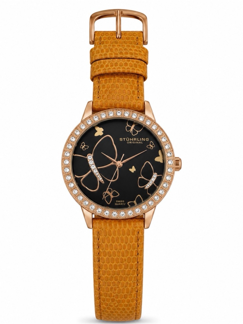 Stuhrling Original Women's Black Butterfly Dial Watch with Mustard Leather Strap